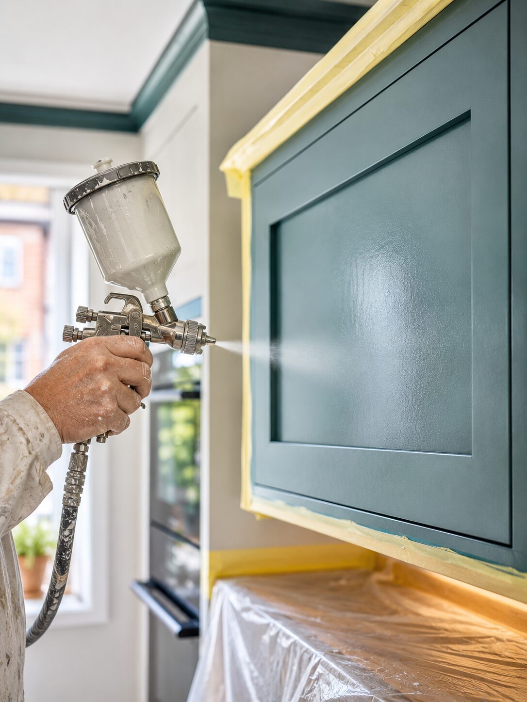 Close-up of a professional decorator spray painting a blue shaker-style kitchen cabinet door with an HVLP spray gun inside a bright modern Sheffield home.